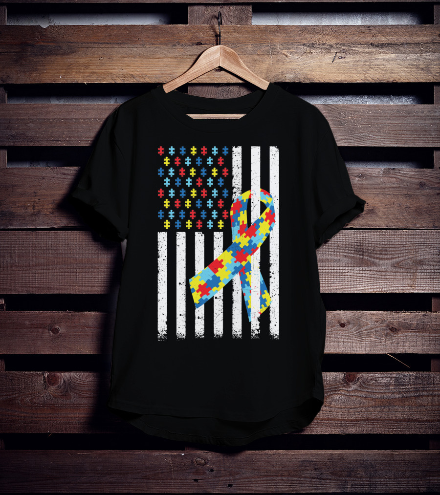 American Flag Puzzle Ribbon Autism Awareness T-Shirt