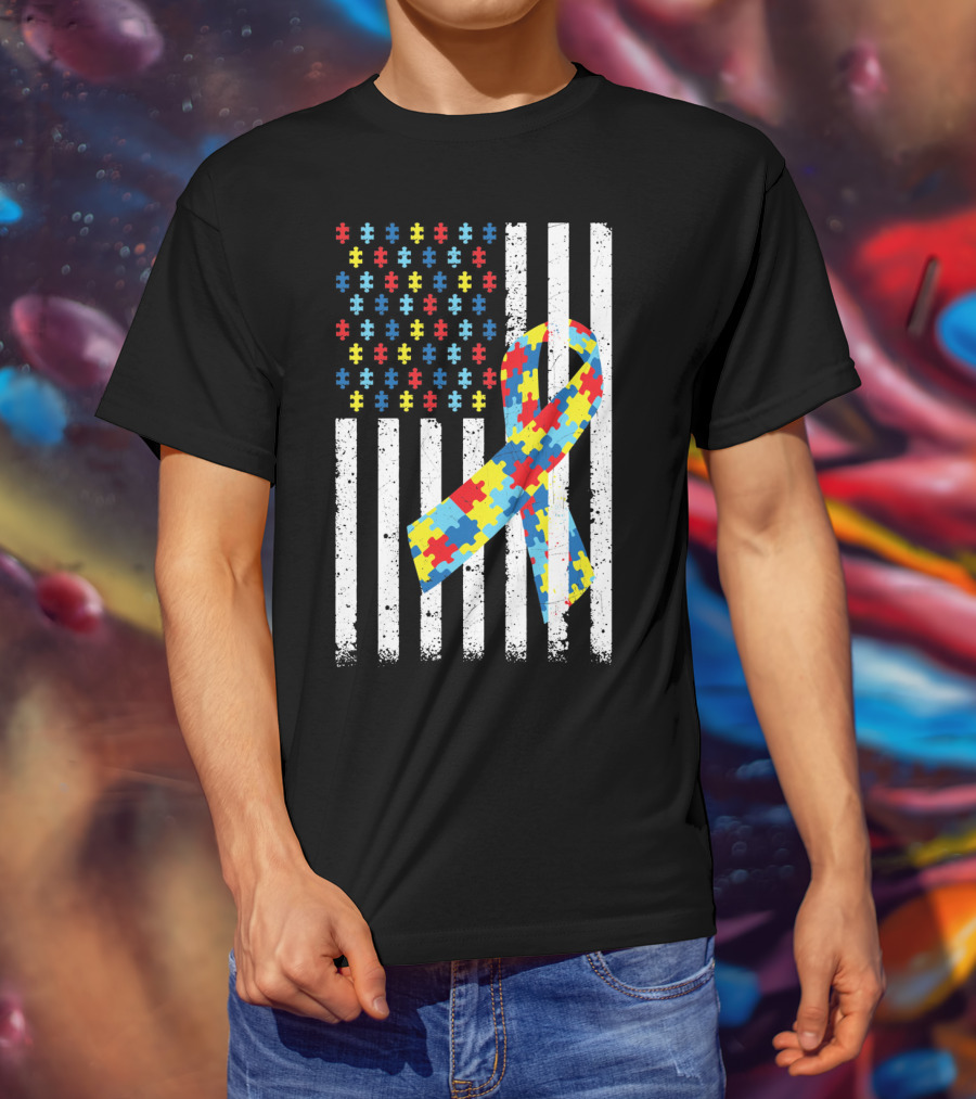 American Flag Puzzle Ribbon Autism Awareness T-Shirt