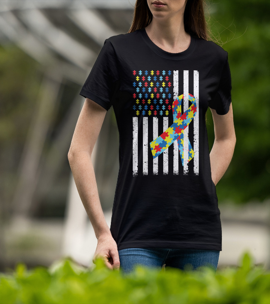 American Flag Puzzle Ribbon Autism Awareness T-Shirt