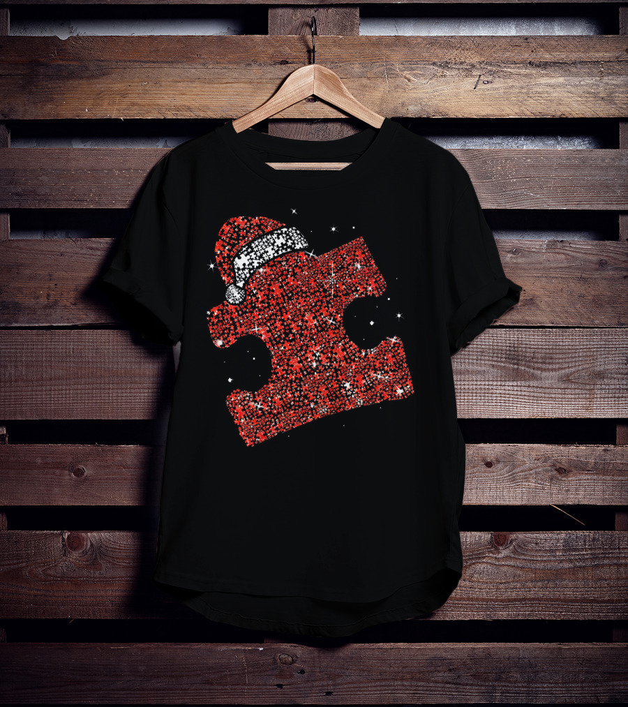 Autism Awareness Xmas Christmas Puzzle Piece With Santa Hat T-Shirt