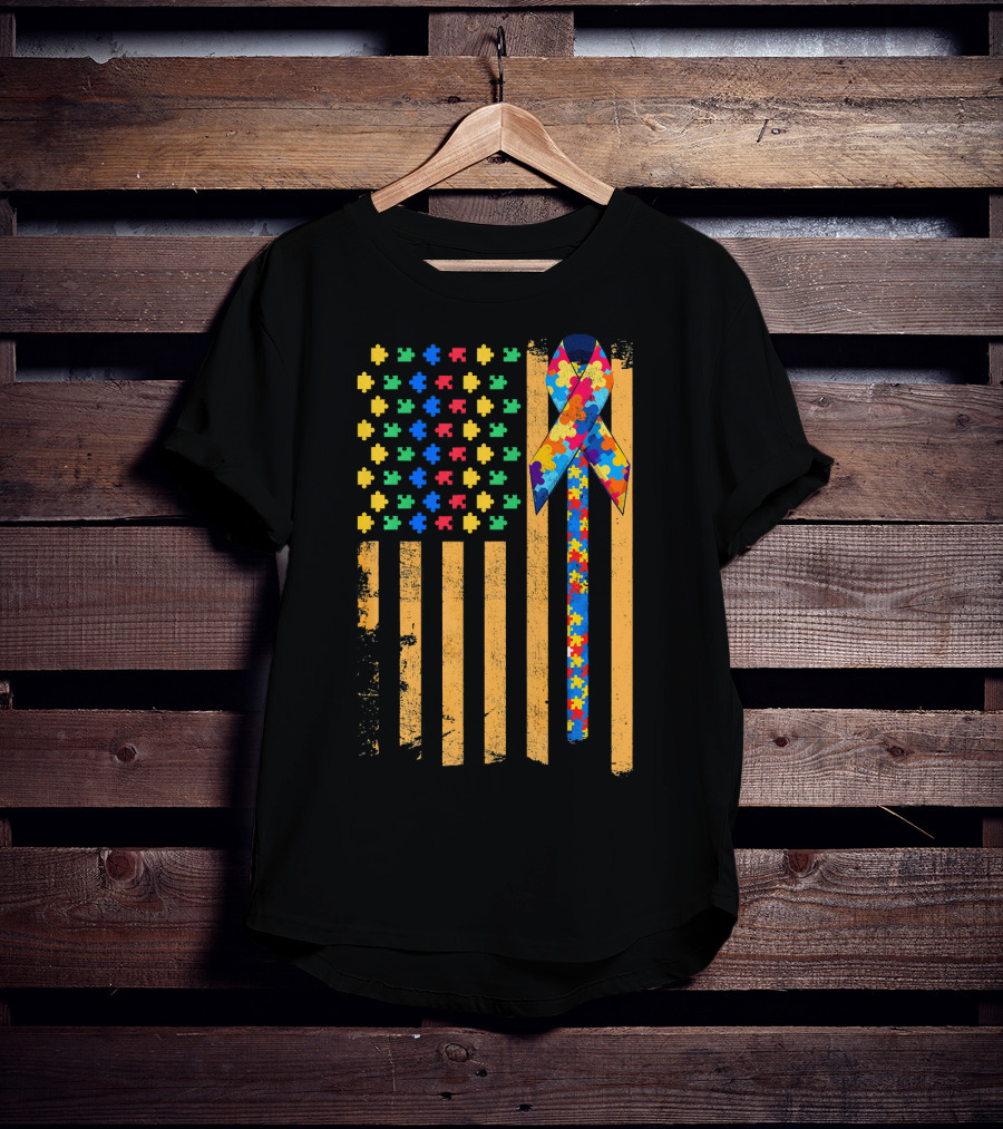 Autism Awareness Day American Flag Puzzle Ribbon T-Shirt