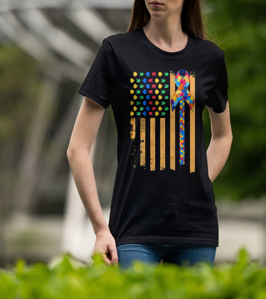 Autism Awareness Day American Flag Puzzle Ribbon T-Shirt