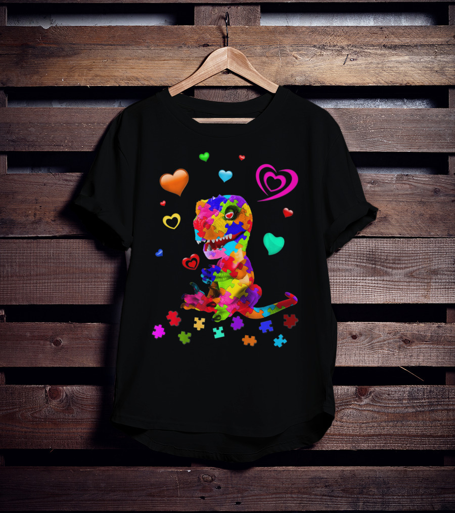 Autism Awareness Dinosaur Puzzle Pieces And Colorful Hearts T-Shirt