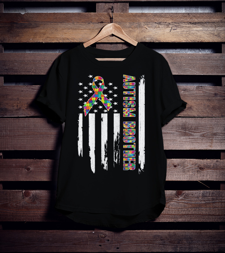 Autism Brother American Flag Puzzle Ribbon Stars Stripes T-Shirt