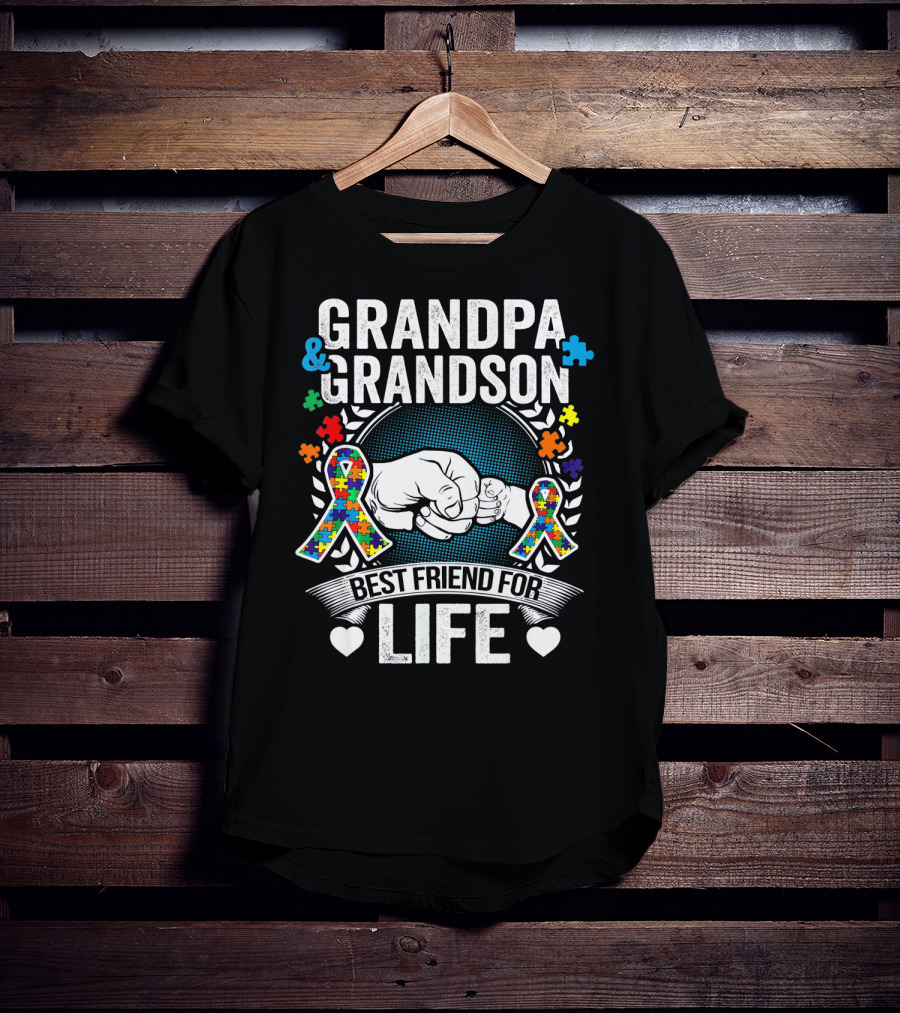 Grandpa And Grandson Best Friend For Life Autism Awareness Fist Bump Puzzle T-Shirt