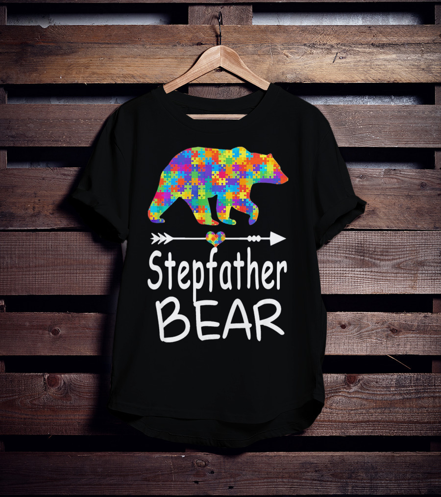 Stepfather Bear Puzzle Pattern Autism Awareness Family T-Shirt