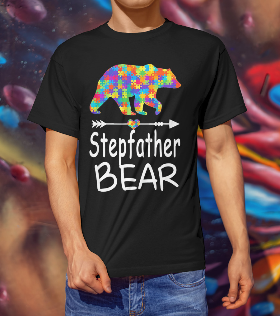 Stepfather Bear Puzzle Pattern Autism Awareness Family T-Shirt
