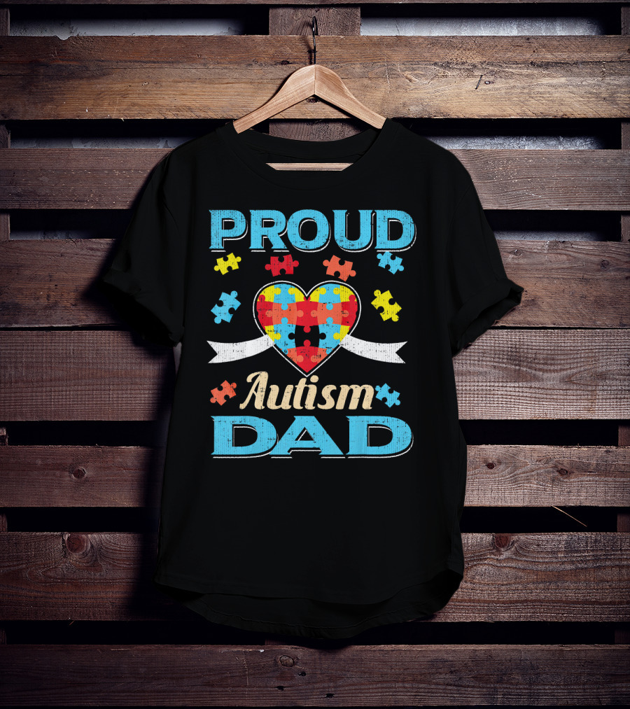 Proud Autism Dad Puzzle Heart Autism Awareness T-Shirt