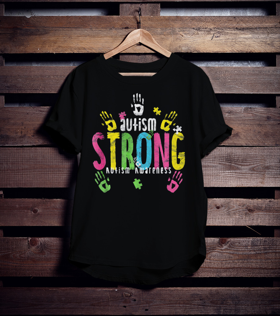 Autism Strong Autism Awareness Puzzle Piece Handprints T-Shirt