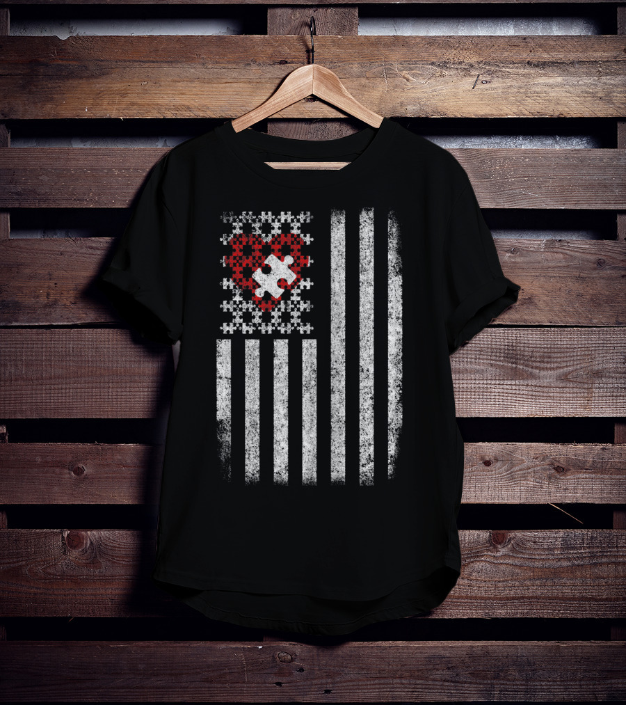 Autism Awareness American Flag Red Heart Puzzle Piece T-Shirt