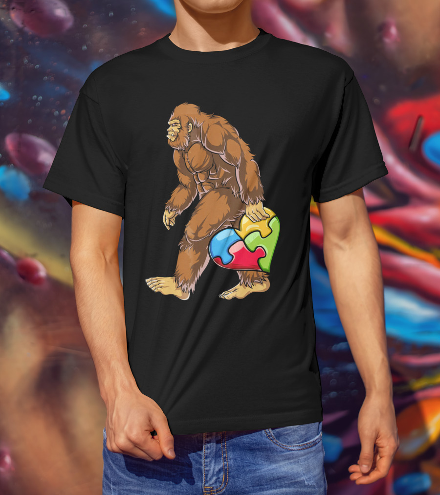 Bigfoot Holding Puzzle Piece Heart Autism Awareness T-Shirt