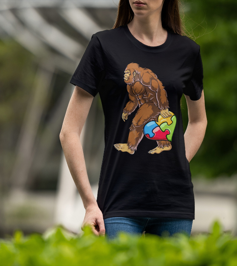 Bigfoot Holding Puzzle Piece Heart Autism Awareness T-Shirt