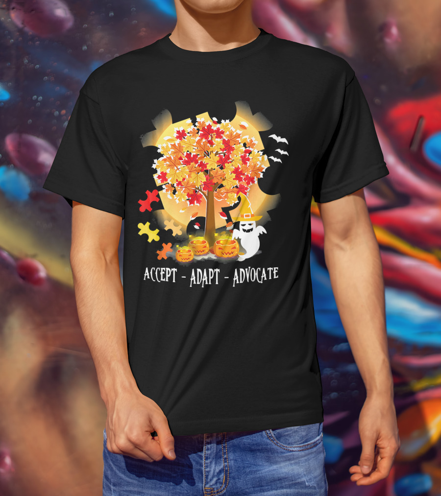 Accept Adapt Advocate Halloween Autism Awareness Ghost Pumpkin Puzzle Bats T-Shirt