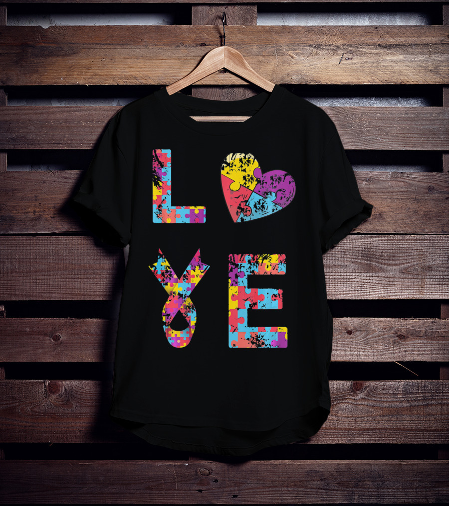 Autism Awareness Love Puzzle Heart Ribbon Design For Women Men Kids Rib T-Shirt