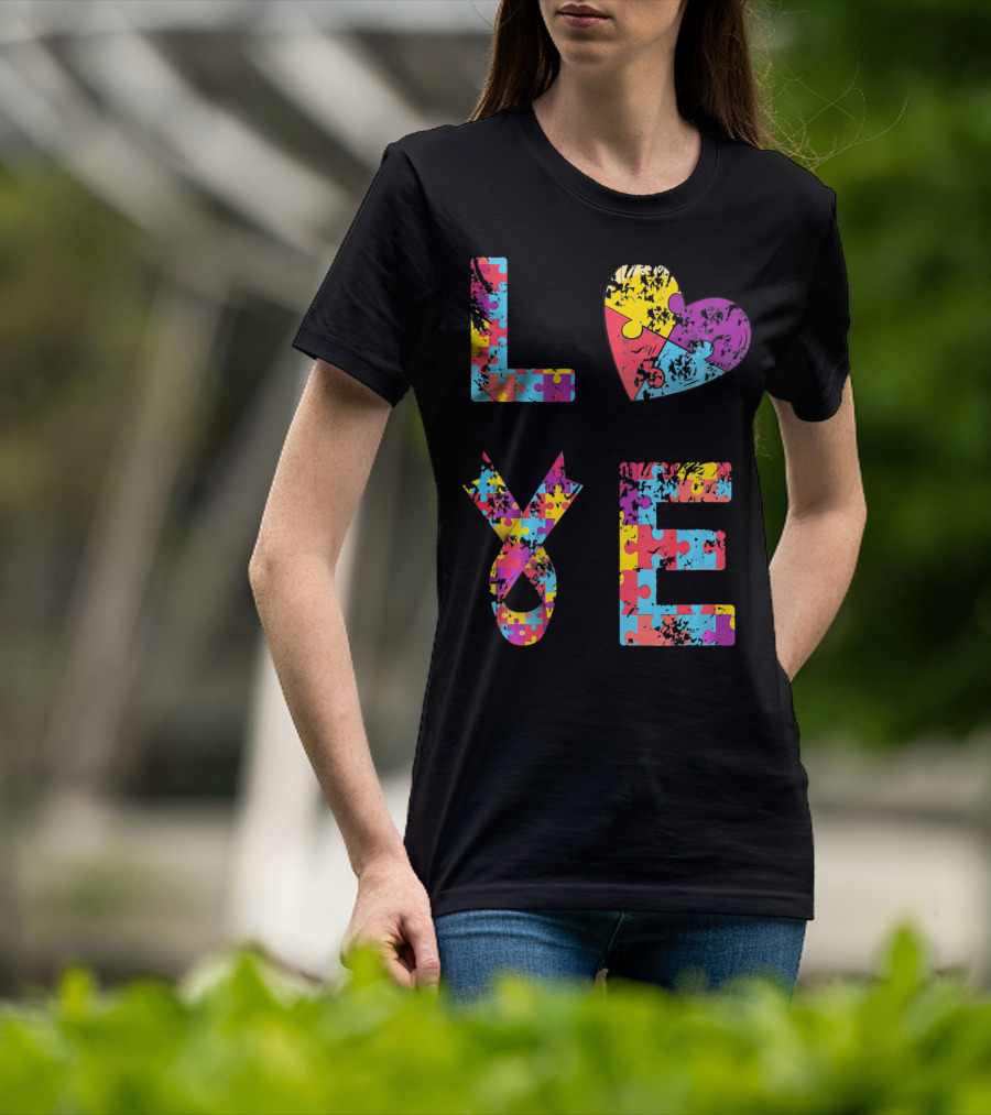 Autism Awareness Love Puzzle Heart Ribbon Design For Women Men Kids Rib T-Shirt