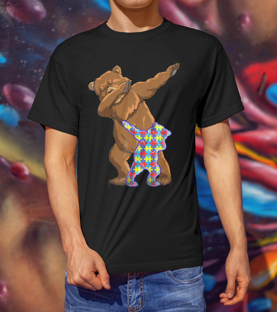 Dabbing Mama Bear With Autism Puzzle Pattern Cub T-Shirt