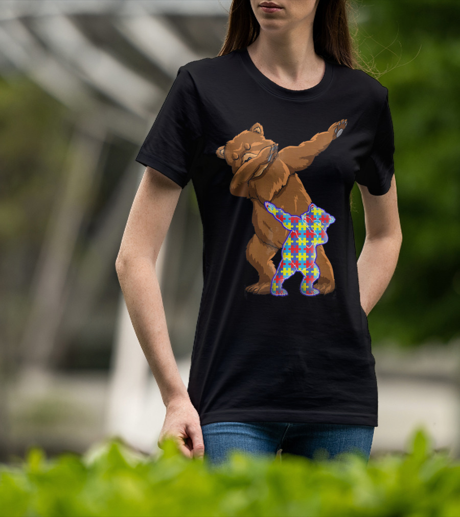 Dabbing Mama Bear With Autism Puzzle Pattern Cub T-Shirt