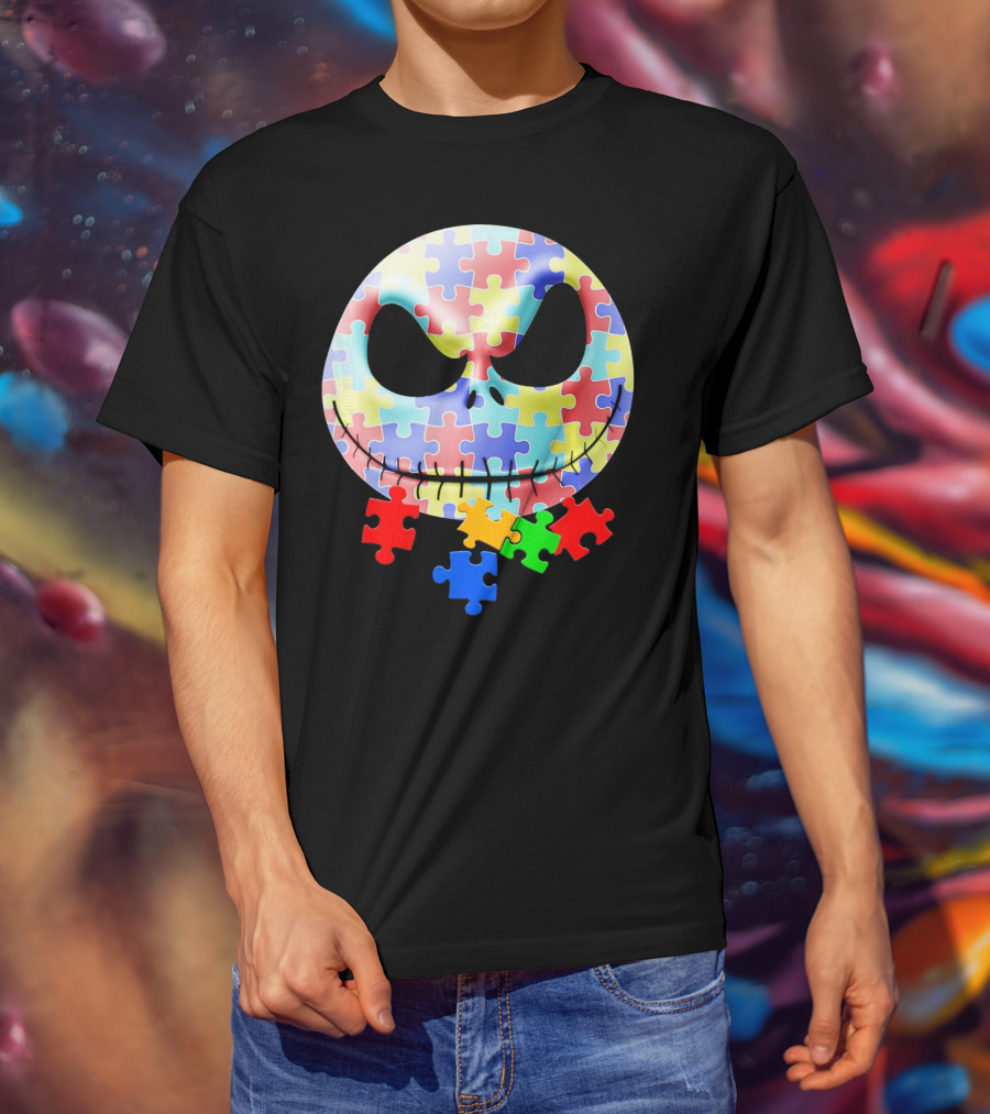 Jacks Skellingtons Faces Autism Awareness Puzzle T-Shirt