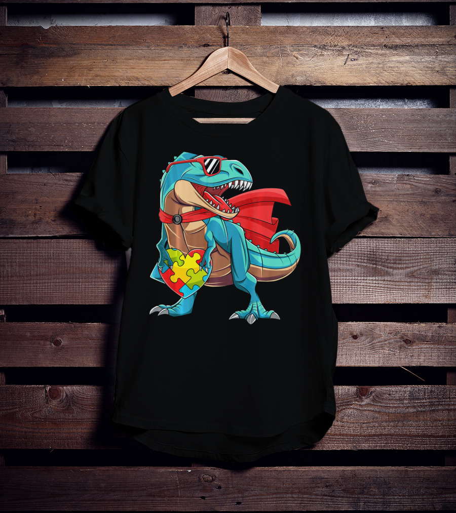 Autism Awareness Dinosaur Puzzle With Superhero Cape And Sunglasses T-Shirt
