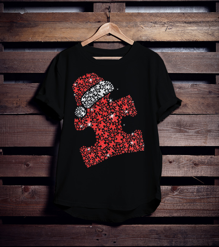 Puzzle Pieces Santa Hat Autism Awareness T-Shirt