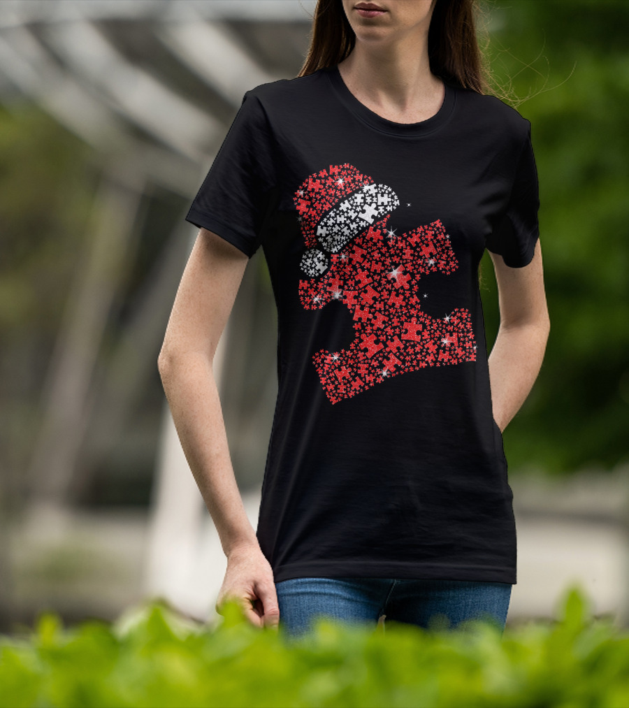 Puzzle Pieces Santa Hat Autism Awareness T-Shirt