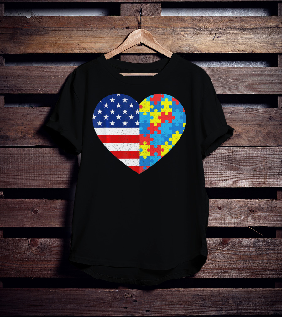 American Flag Heart Autism Awareness Puzzle Piece T-Shirt