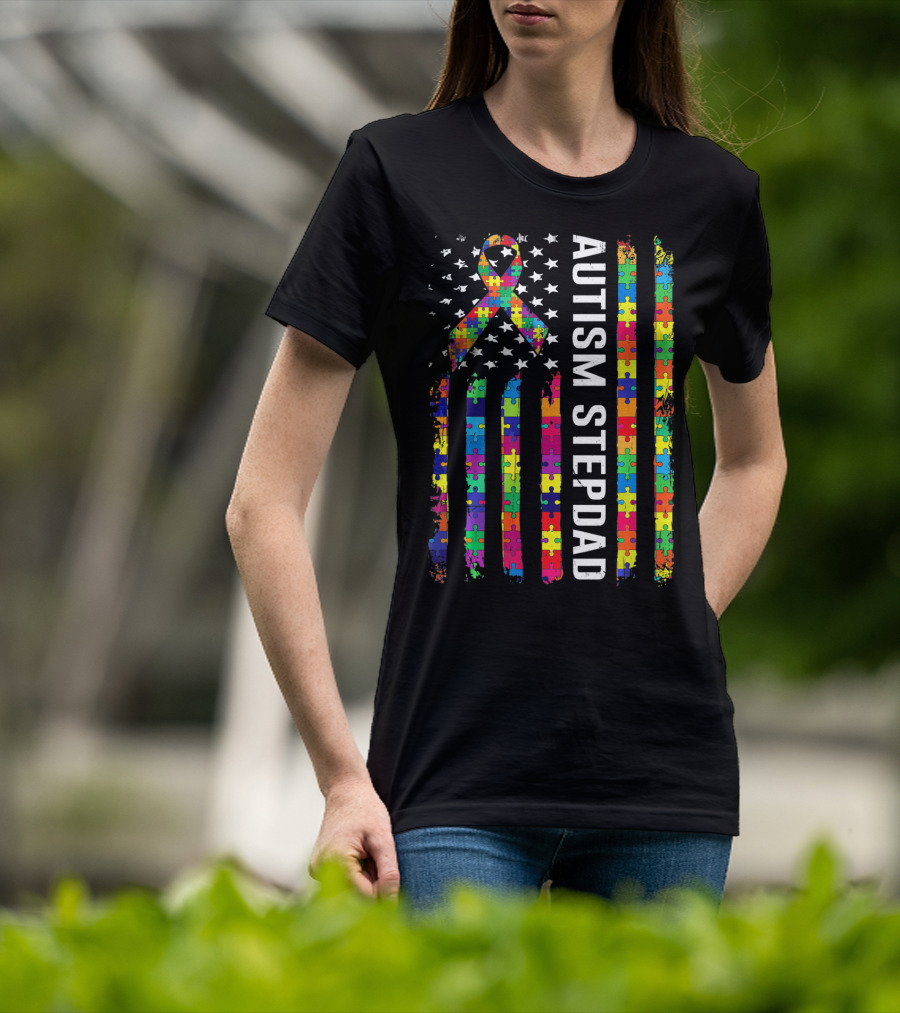 Autism Stepdad American Flag Puzzle T-Shirt