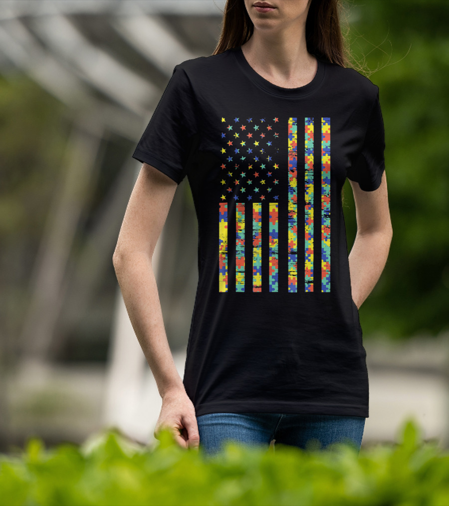 American Flag Puzzle Autism Awareness Stars T-Shirt