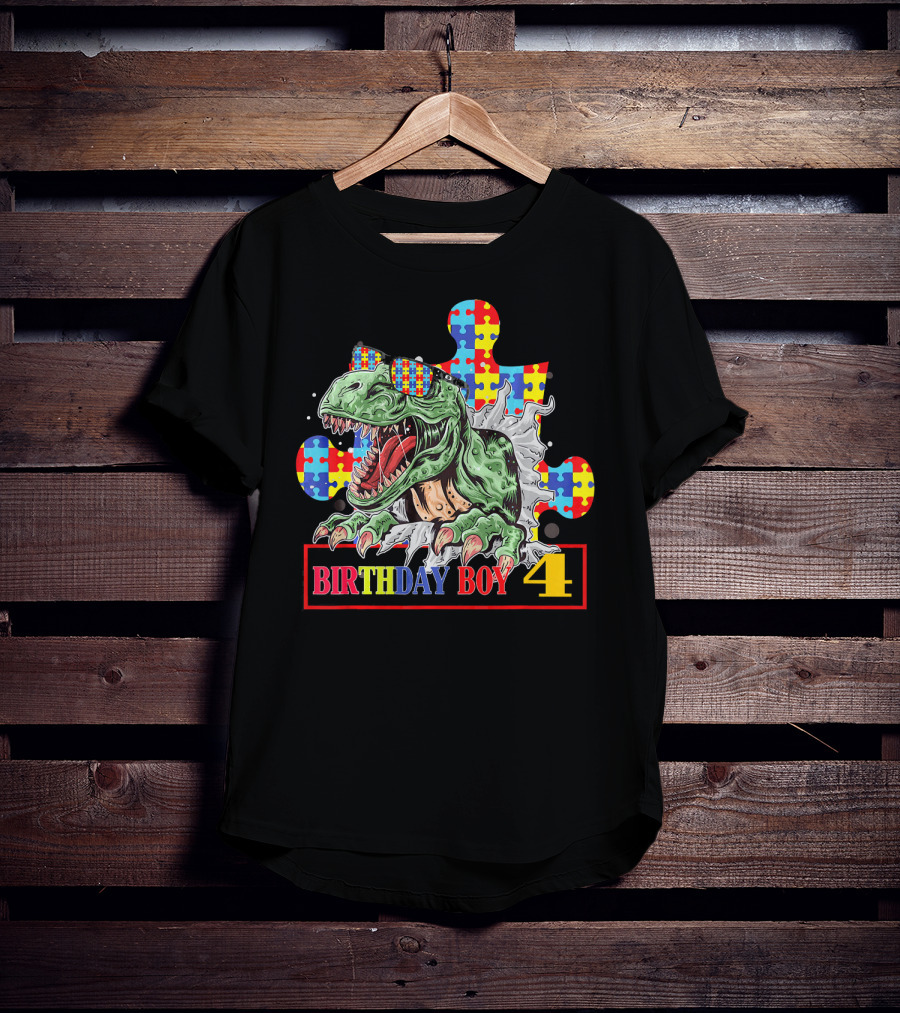 T Rex Birthday Boy 4 Autism Awareness T-Shirt