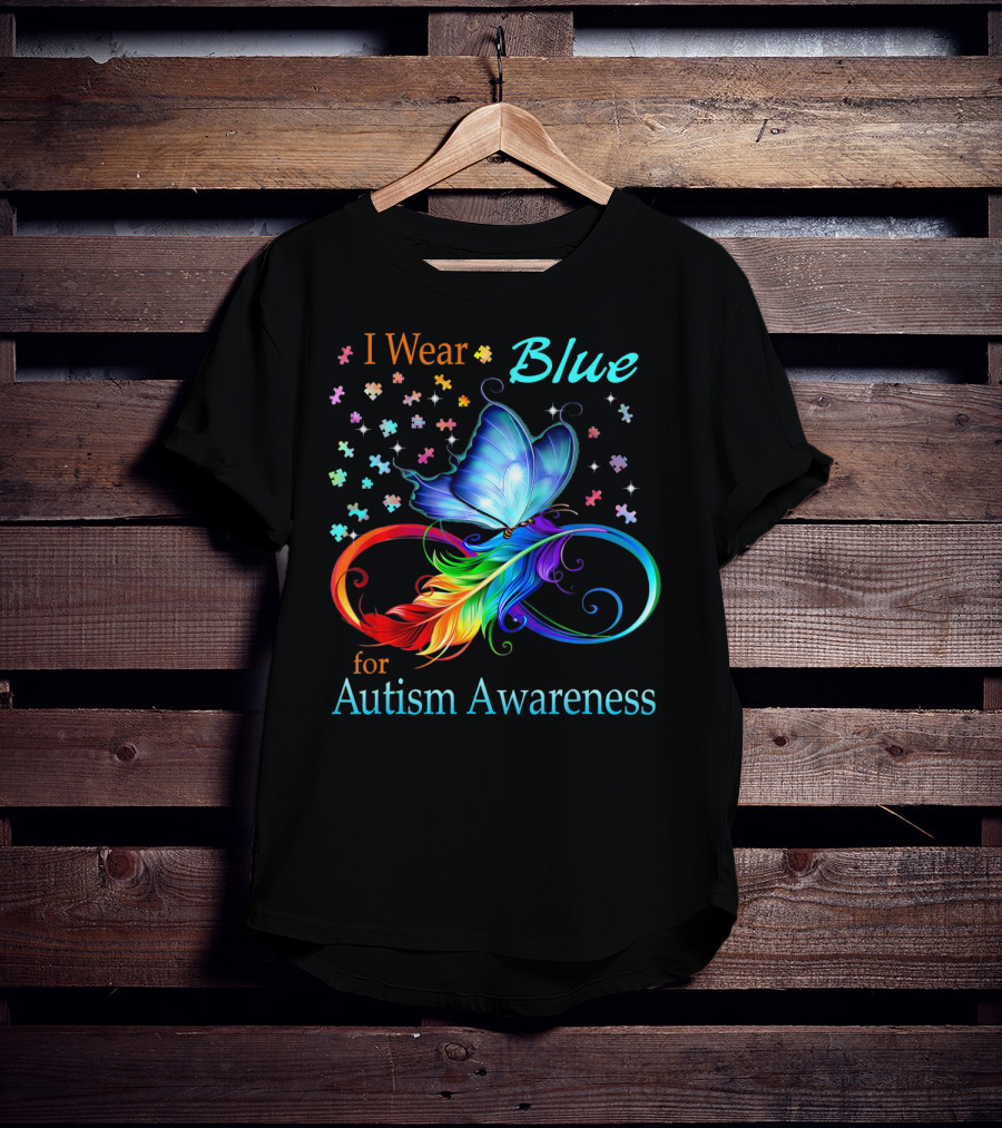 I Wear Blue For Autism Awareness Butterfly Ribbon Puzzle Pieces T-Shirt