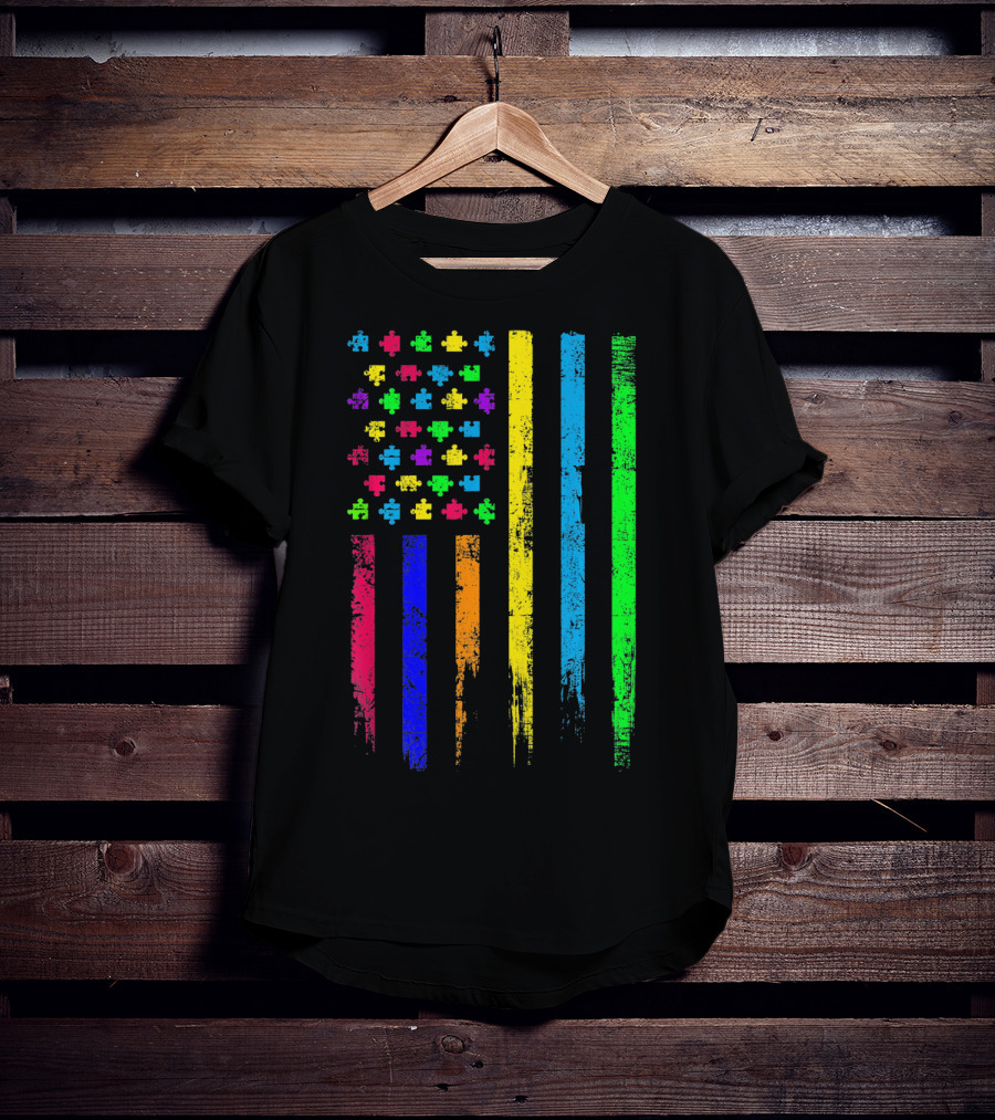 USA Flag Puzzle Pieces Rainbow Stripes T-Shirt