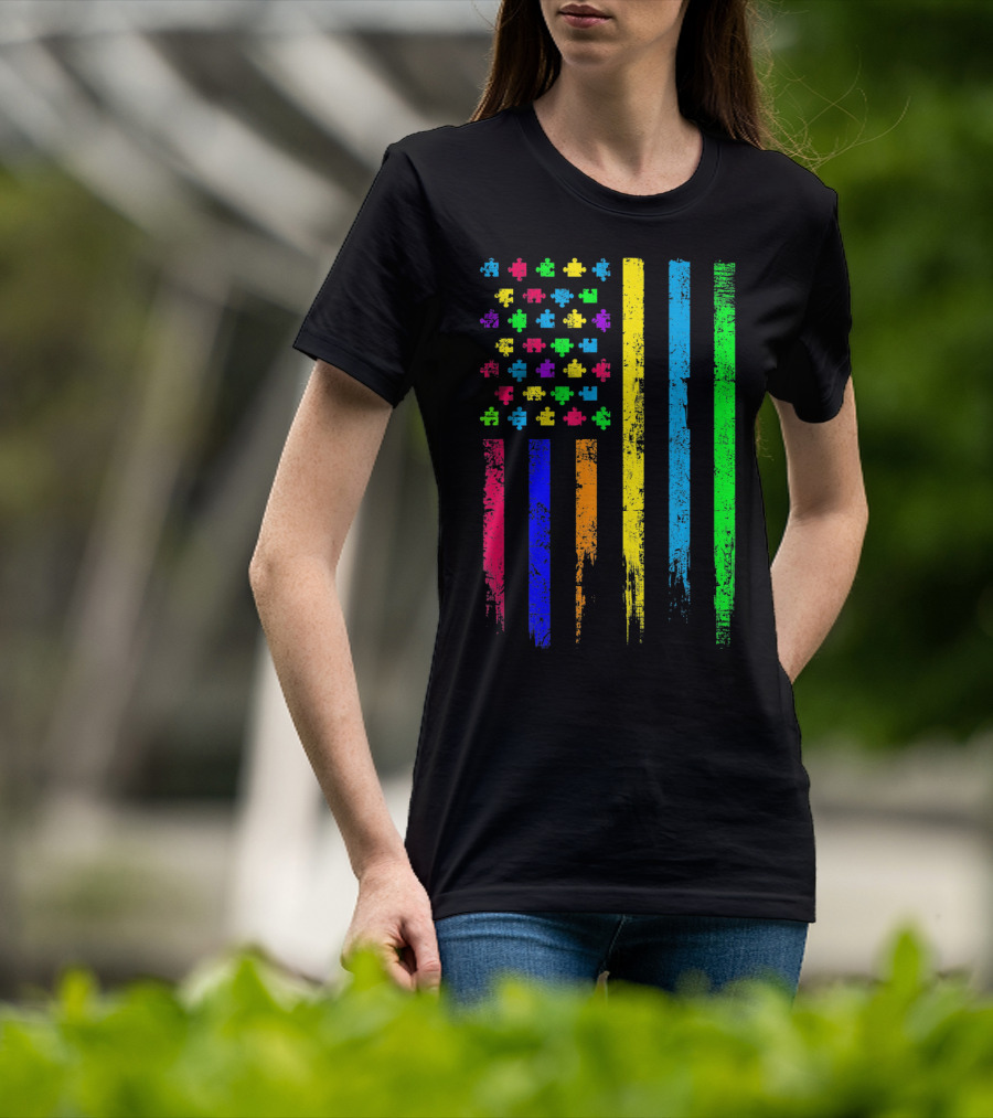 USA Flag Puzzle Pieces Rainbow Stripes T-Shirt