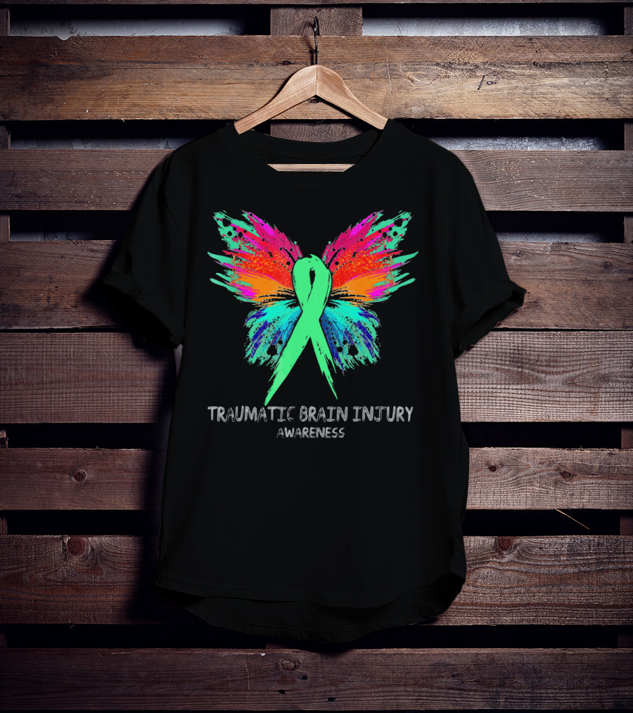 TRAUMATIC BRAIN INJURY Awareness Ribbon Colorful Butterfly T-Shirt