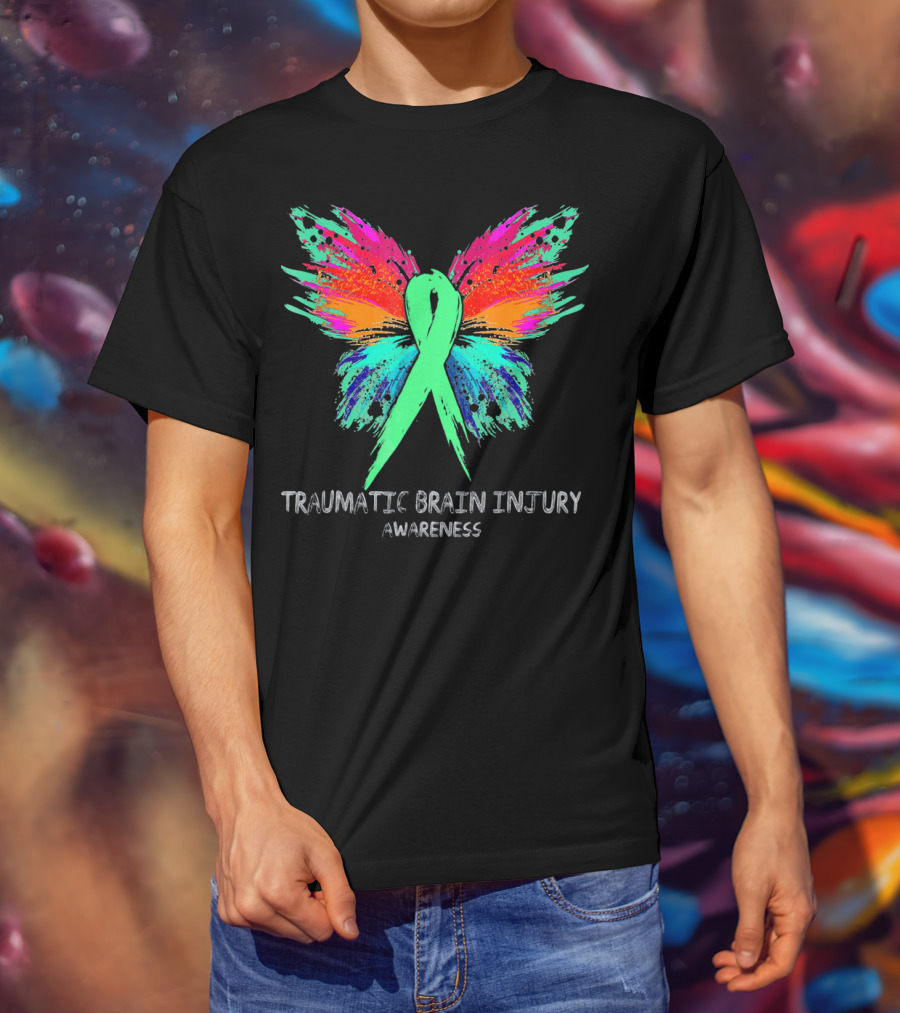 TRAUMATIC BRAIN INJURY Awareness Ribbon Colorful Butterfly T-Shirt