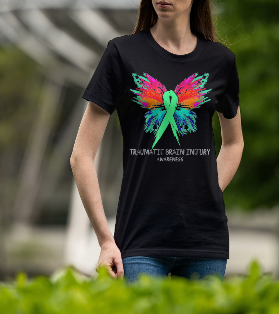 TRAUMATIC BRAIN INJURY Awareness Ribbon Colorful Butterfly T-Shirt