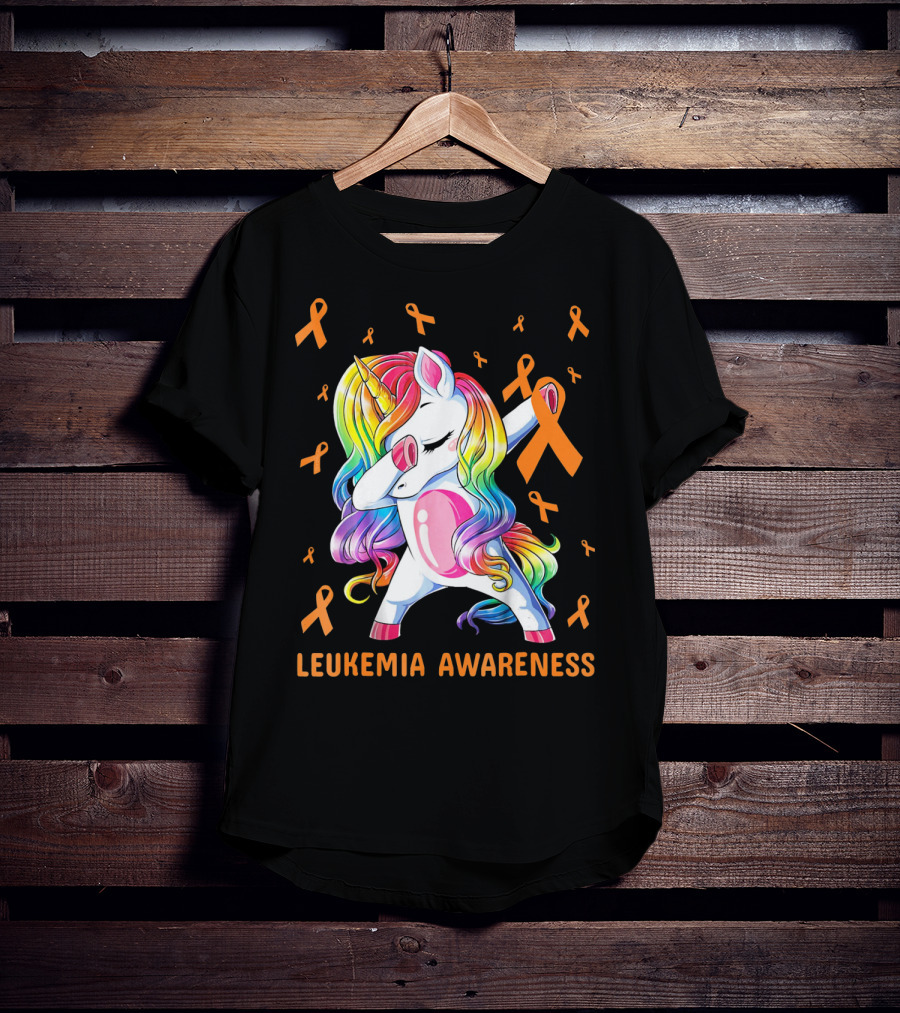 Rainbow Unicorn Dabbing Leukemia Awareness Orange T-Shirt