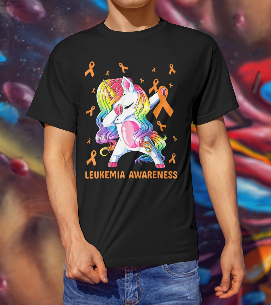 Rainbow Unicorn Dabbing Leukemia Awareness Orange T-Shirt