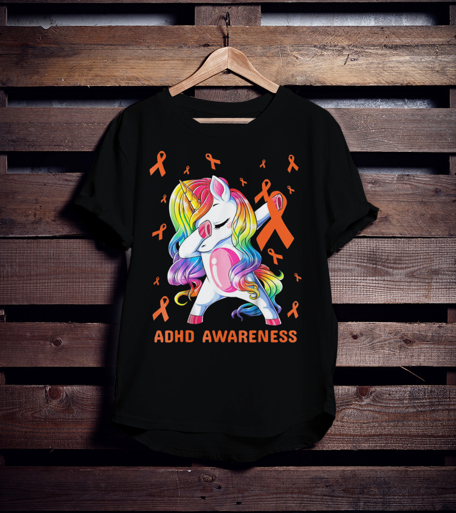 ADHD Awareness Dabbing Unicorn With Rainbow Mane And Orange Ribbons T-Shirt