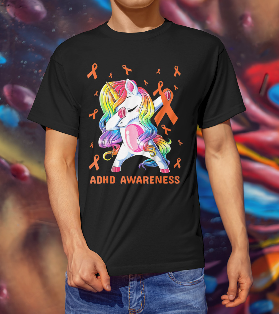 ADHD Awareness Dabbing Unicorn With Rainbow Mane And Orange Ribbons T-Shirt