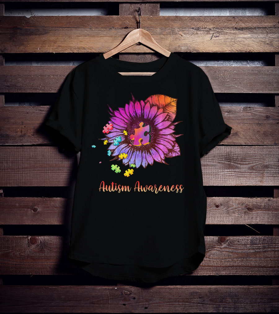 Autism Awareness Puzzle Ribbon Sunflower Hippie T-Shirt