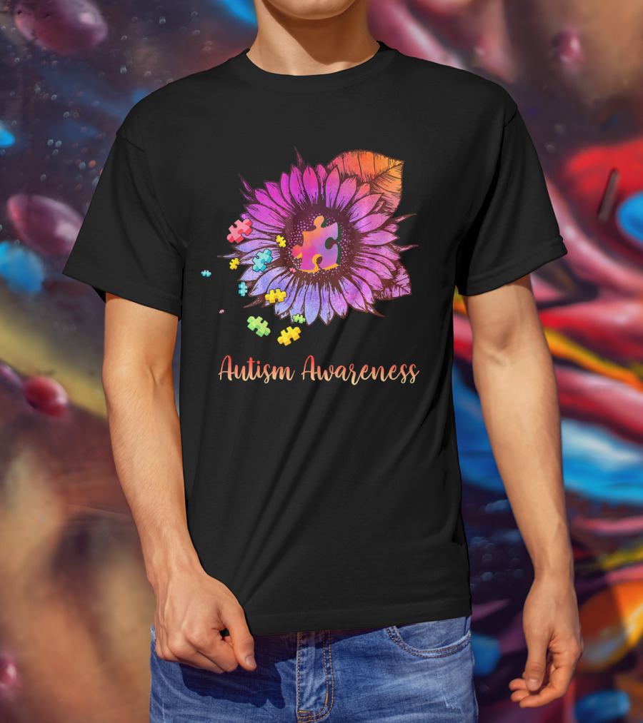 Autism Awareness Puzzle Ribbon Sunflower Hippie T-Shirt