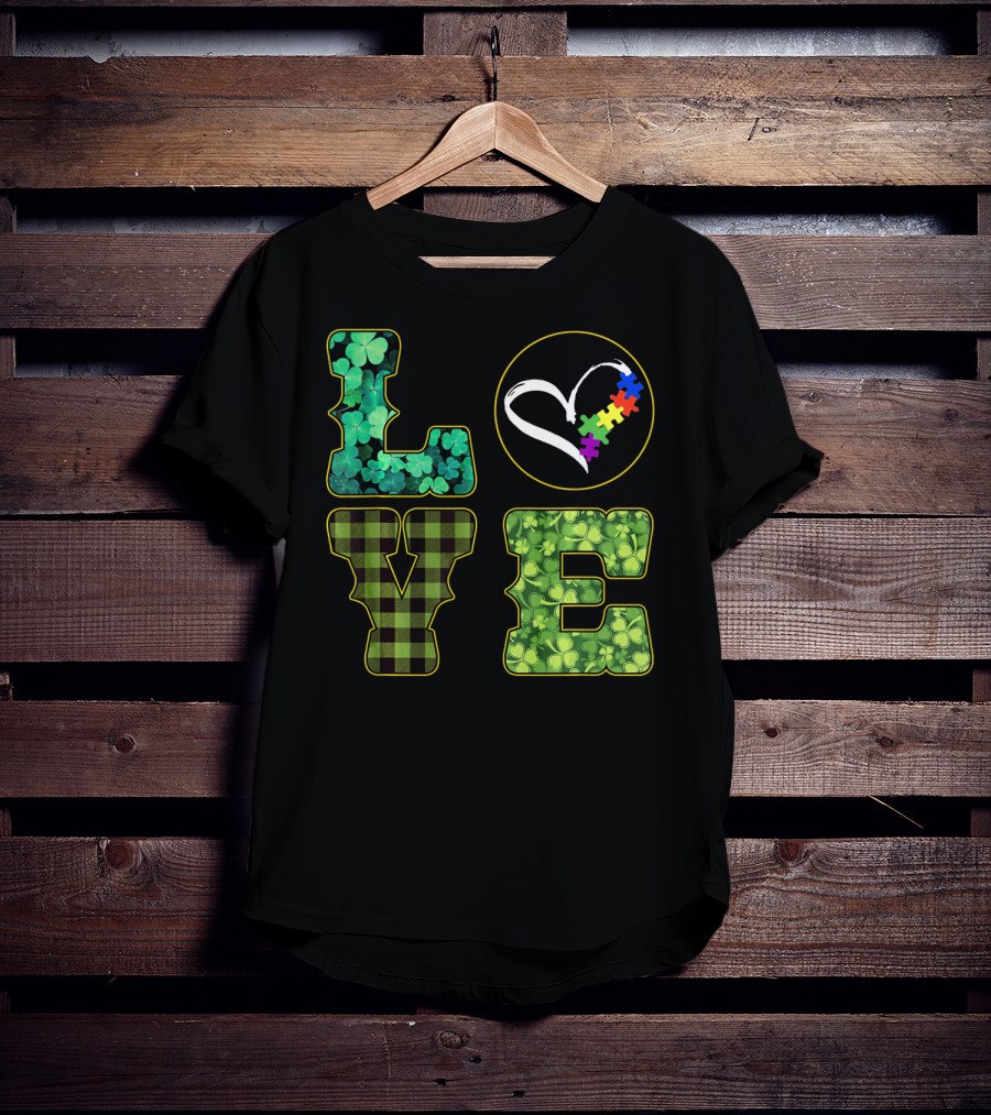 LOVE Shamrocks Plaid Heart Puzzle Autism Awareness St. Patrick's Day T-Shirt