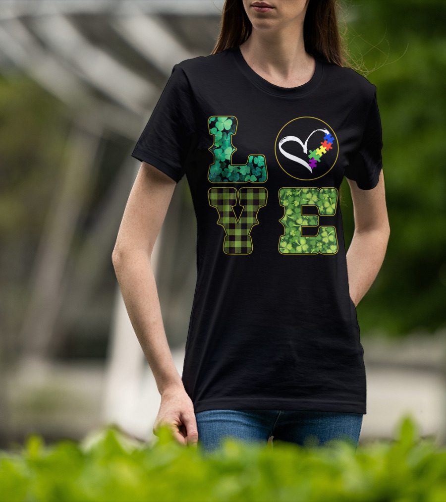 LOVE Shamrocks Plaid Heart Puzzle Autism Awareness St. Patrick's Day T-Shirt