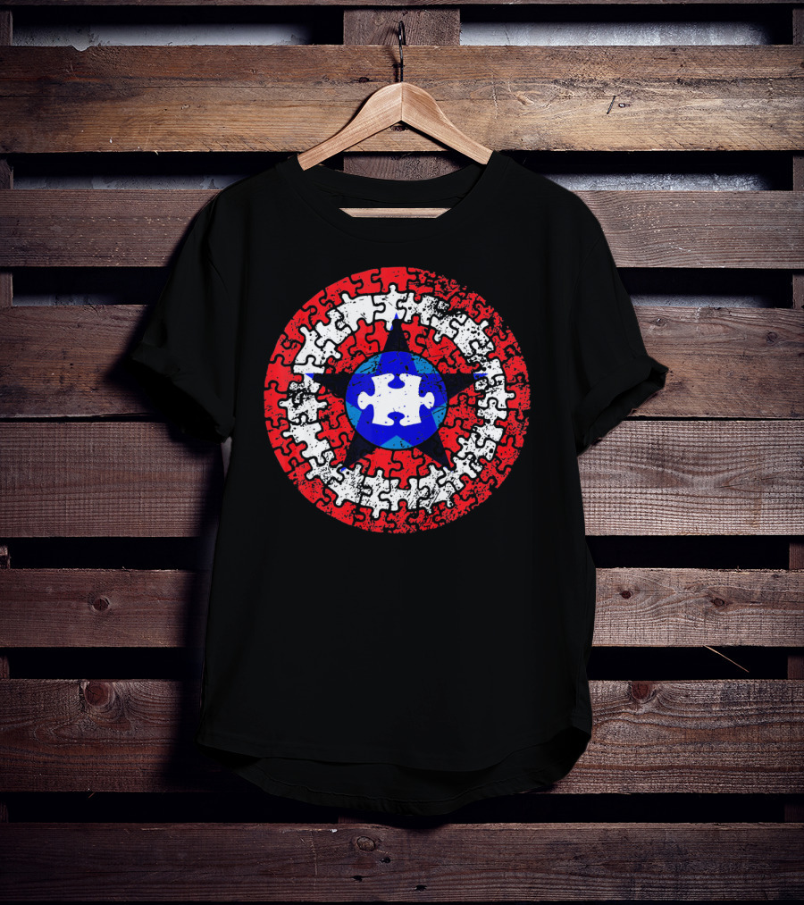Captain Autism Superhero Shield Awareness Puzzle Star Emblem T-Shirt