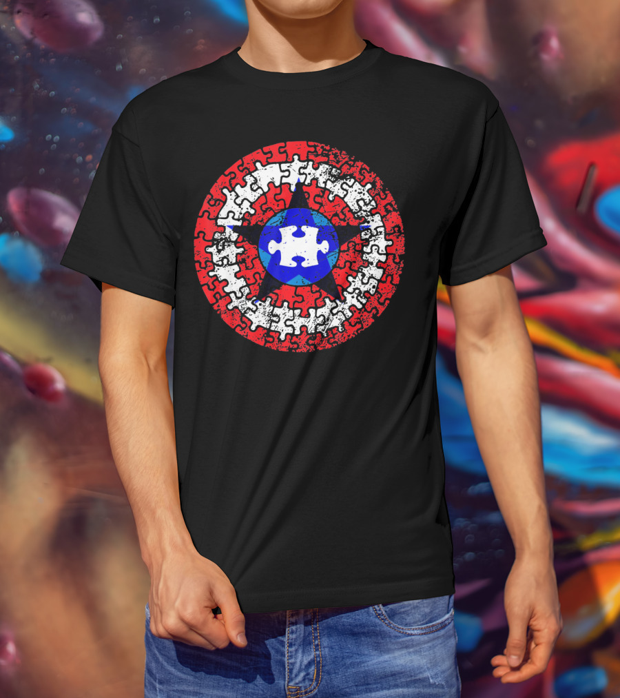 Captain Autism Superhero Shield Awareness Puzzle Star Emblem T-Shirt