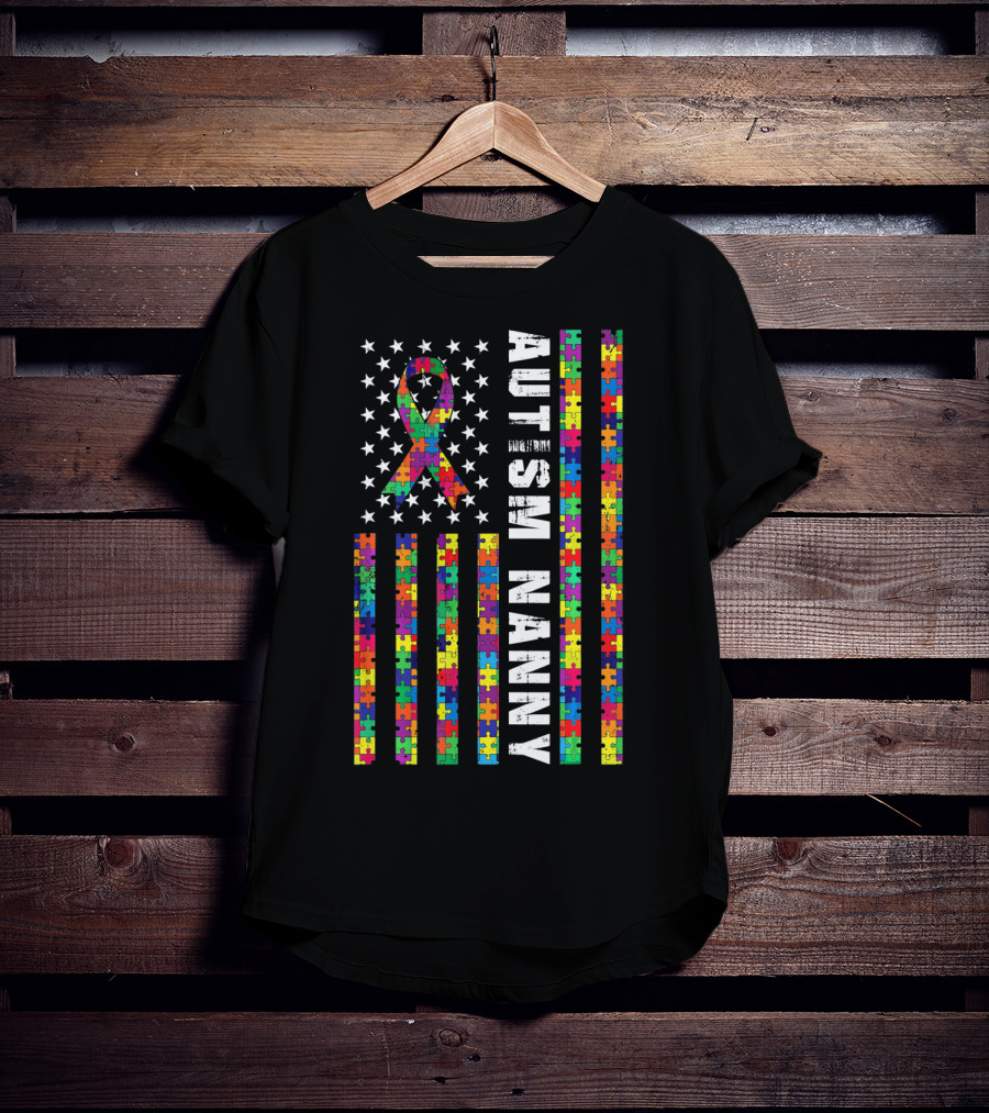 Autism Nanny Puzzle Flag With Rainbow Ribbon Autism T-Shirt