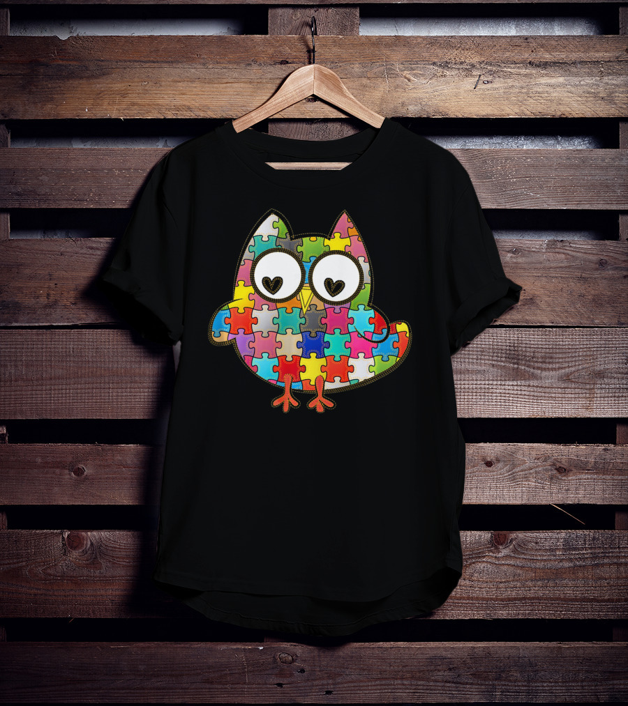 Autism Owl Puzzle Heart Eyes Autism Awareness Month T-Shirt