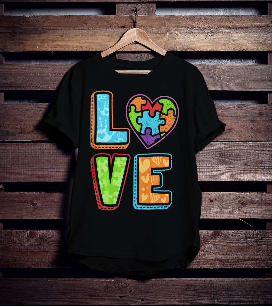 LOVE Heart Autism Awareness Puzzle Handprints T-Shirt