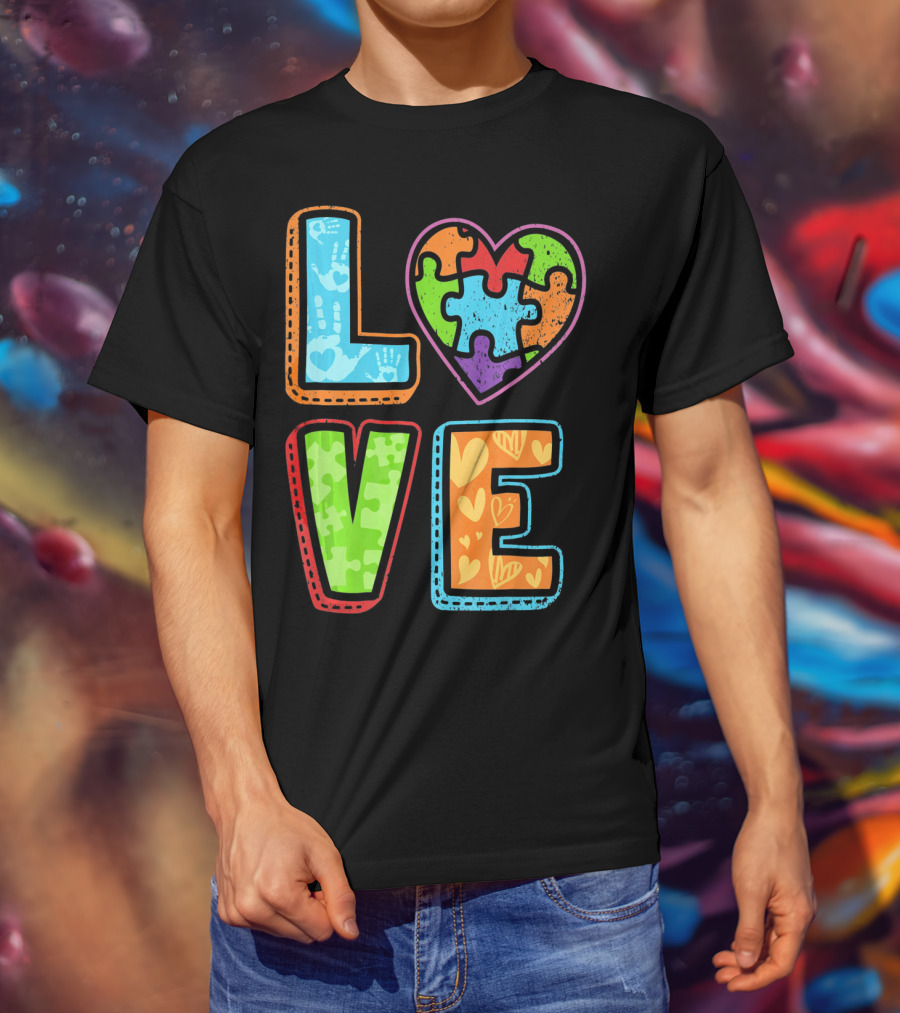 LOVE Heart Autism Awareness Puzzle Handprints T-Shirt