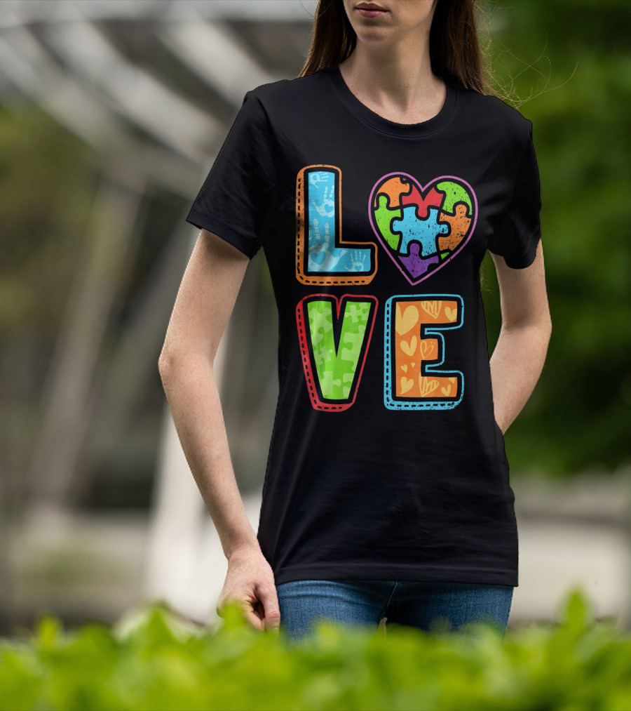 LOVE Heart Autism Awareness Puzzle Handprints T-Shirt
